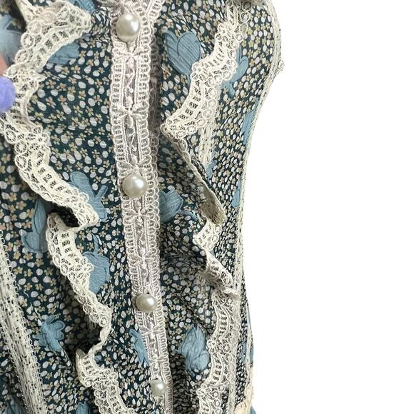 Y2K 213 Industry Dress M Green Floral Ruffled Lace Semi Sheer Boho Coquette - Picture 5 of 16